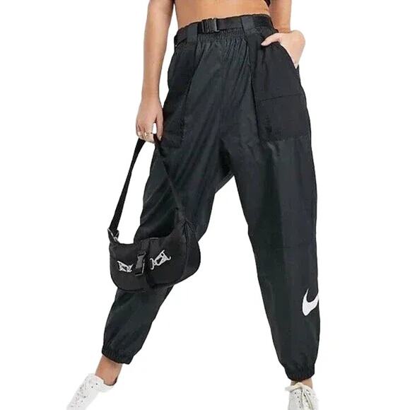 NIKE Swoosh Pull On Belted Windbreaker Jogger Pants in Black SZ L - Picture 1 of 13